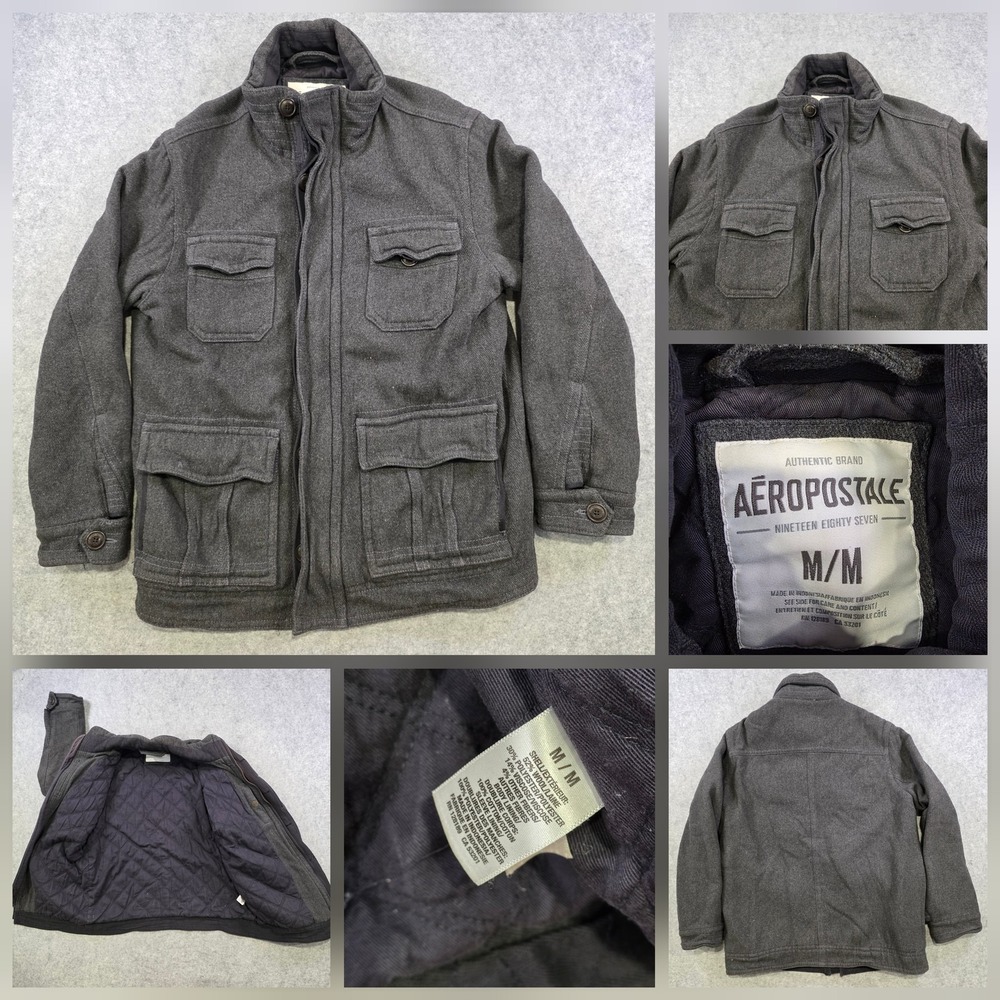 VTG Aéropostale Jacket Mens Medium Gray Tweed Military Field Pockets Quilted